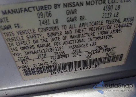 2007 Nissan Maxima 3.5 Sl z USA, uszkodzony, nr VIN 1N4BA41E17C823185